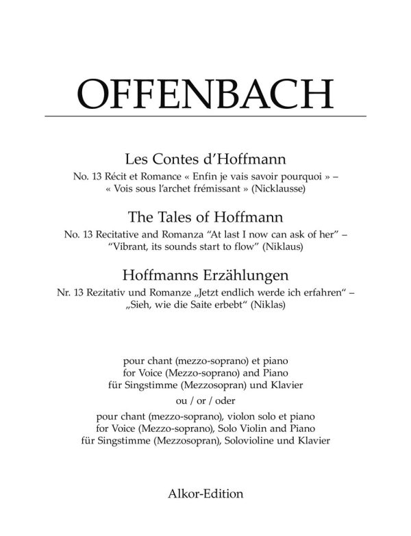 Offenbach - No. 13 Recitative and Romanza  Enfin je vais savoir pourquoi  –  Vois sous l archet frémissant  (Nicklausse) from  Les Contes d Hoffmann (The Tales of Hoffmann)  - Mezzosoprano and Instruments Sale