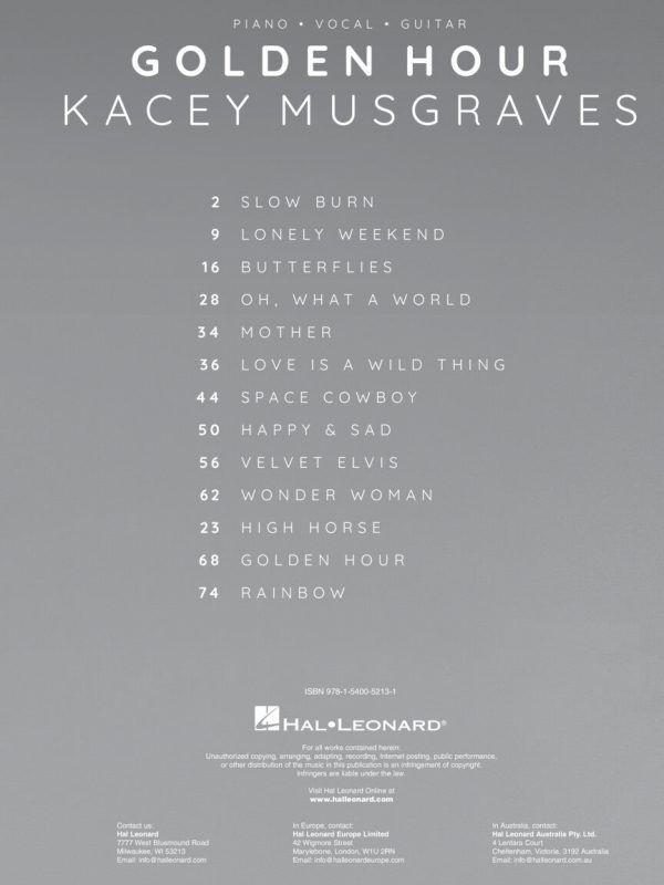 Musgraves - Golden Hour - Piano, Vocal, Guitar For Sale